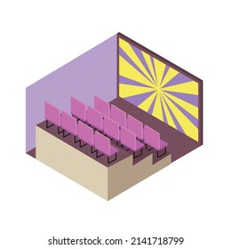 Isometric Movie Theater Cinema Hall Interior With Screen And Rows Of Empty Seats 3d Vector Illustration