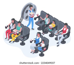 Isometric movie theatre, people sitting in cinema chairs. Characters with popcorn, soda and 3D glasses watching film on big screen vector illustration. Movie watching concept