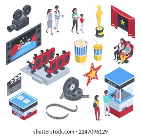 Isometric movie theatre visitors, cinema elements. People buying popcorn and sitting in cinema chairs, watching film on screen 3D vector illustration set. Entertainment cinema collection