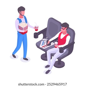 Isometric movie theatre visitors. People sitting in cinema chairs with 3d glasses, popcorn and soda pop vector illustration. Characters watching film on big screen