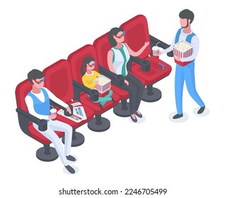Isometric movie theatre visitors sitting in cinema chairs. People with popcorn, soda pop and 3d glasses watching film on big screen 3d vector illustration on white background