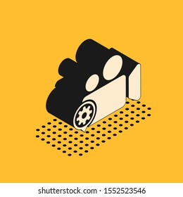 Isometric Movie or Video camera and gear icon isolated on yellow background. Adjusting app, service concept, setting options, maintenance, repair, fixing.  Vector Illustration