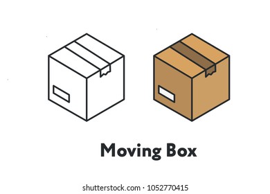 Isometric Moving Box Cardboard Scotch Tape Minimal Flat Line Outline Stroke Icon