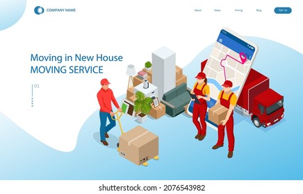 Isometric Moving Company Worker Carrying Boxes And Furniture, Truck Delivering. Delivery Truck Full Of Home Stuff Inside. Moving To New House. Boxes With Goods. Man With Cardboard Boxes.