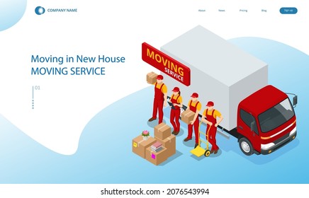 Isometric Moving Company Worker Carrying Boxes and Furniture, Truck Delivering. Delivery Truck Full of Home Stuff Inside. Moving to New House. Boxes with Goods. Man with Cardboard Boxes.