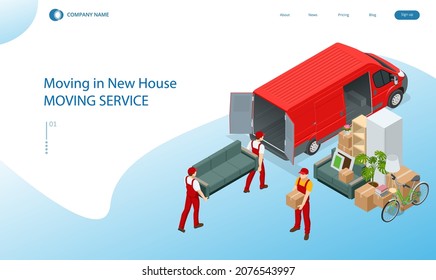 Isometric Moving Company Worker Carrying Boxes And Furniture, Truck Delivering. Delivery Truck Full Of Home Stuff Inside. Moving To New House. Boxes With Goods. Man With Cardboard Boxes.