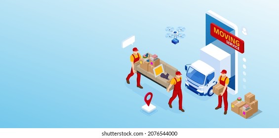 Isometric Moving Company Worker Carrying Boxes and Furniture, Truck Delivering. Delivery Truck Full of Home Stuff Inside. Moving to New House. Boxes with Goods. Man with Cardboard Boxes.