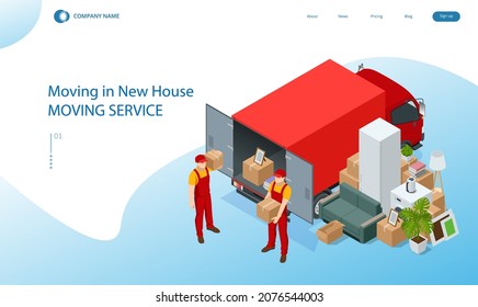 Isometric Moving Company Worker Carrying Boxes and Furniture, Truck Delivering. Delivery Truck Full of Home Stuff Inside. Moving to New House. Boxes with Goods. Man with Cardboard Boxes.