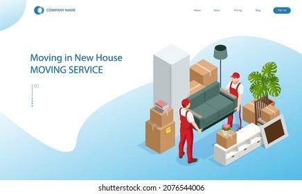 Isometric Moving Company Worker Carrying Boxes and Furniture, Truck Delivering. Delivery Truck Full of Home Stuff Inside. Moving to New House. Boxes with Goods. Man with Cardboard Boxes.