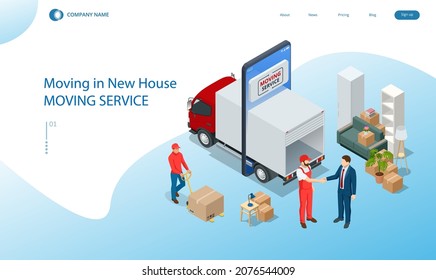 Isometric Moving Company Worker Carrying Boxes and Furniture, Truck Delivering. Delivery Truck Full of Home Stuff Inside. Moving to New House. Boxes with Goods. Man with Cardboard Boxes.