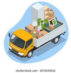 Isometric Moving Company Worker Carrying Boxes and Furniture, Truck Delivering. Delivery Truck Full of Home Stuff Inside. Moving to New House. Boxes with Goods. Man with Cardboard Boxes.