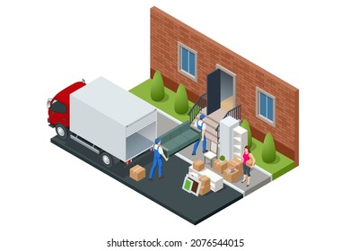 Isometric Moving Company Worker Carrying Boxes and Furniture, Truck Delivering. Delivery Truck Full of Home Stuff Inside. Moving to New House. Boxes with Goods. Man with Cardboard Boxes.