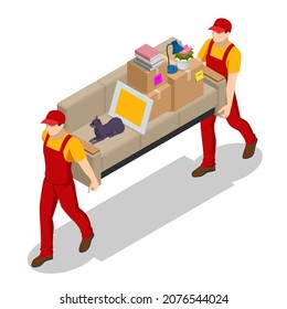 Isometric Moving Company Worker Carrying Boxes and Furniture, Truck Delivering. Delivery Truck Full of Home Stuff Inside. Moving to New House. Boxes with Goods. Man with Cardboard Boxes.