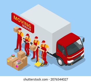 Isometric Moving Company Worker Carrying Boxes and Furniture, Truck Delivering. Delivery Truck Full of Home Stuff Inside. Moving to New House. Boxes with Goods. Man with Cardboard Boxes.