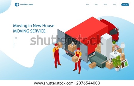 Isometric Moving Company Worker Carrying Boxes and Furniture, Truck Delivering. Delivery Truck Full of Home Stuff Inside. Moving to New House. Boxes with Goods. Man with Cardboard Boxes.