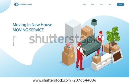Isometric Moving Company Worker Carrying Boxes and Furniture, Truck Delivering. Delivery Truck Full of Home Stuff Inside. Moving to New House. Boxes with Goods. Man with Cardboard Boxes.