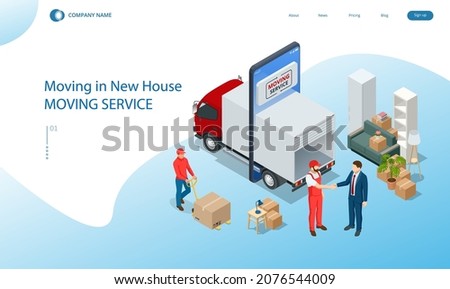 Isometric Moving Company Worker Carrying Boxes and Furniture, Truck Delivering. Delivery Truck Full of Home Stuff Inside. Moving to New House. Boxes with Goods. Man with Cardboard Boxes.
