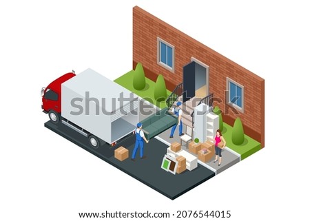 Isometric Moving Company Worker Carrying Boxes and Furniture, Truck Delivering. Delivery Truck Full of Home Stuff Inside. Moving to New House. Boxes with Goods. Man with Cardboard Boxes.