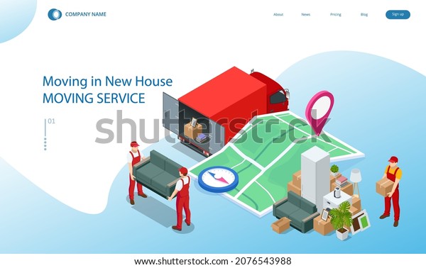 Isometric Moving Company Worker Carrying Boxes and\
Furniture, Truck Delivering. Delivery Truck Full of Home Stuff\
Inside. Moving to New House. Boxes with Goods. Man with Cardboard\
Boxes.