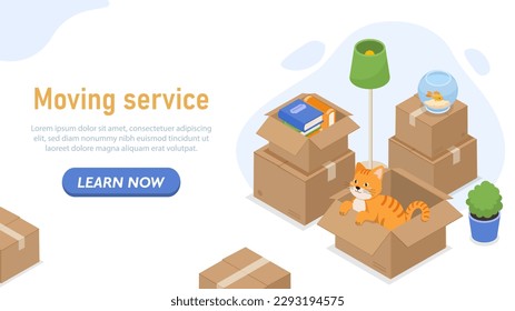 Isometric moving service. Boxes with books, lamp and orange cat. Relocation and immigration. Cardboard packages with things. Landing page design. Cartoon vector illustration