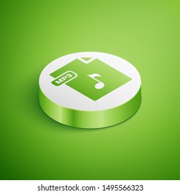 Isometric MP3 file document. Download mp3 button icon isolated on green background. Mp3 music format sign. MP3 file symbol. White circle button. Vector Illustration