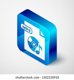 Isometric MP3 file document. Download mp3 button icon isolated on white background. Mp3 music format sign. MP3 file symbol. Blue square button. Vector Illustration