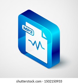 Isometric MP3 file document. Download mp3 button icon isolated on white background. Mp3 music format sign. MP3 file symbol. Blue square button. Vector Illustration