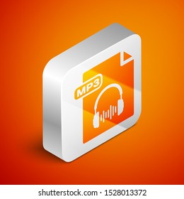 Isometric MP3 file document. Download mp3 button icon isolated on orange background. Mp3 music format sign. MP3 file symbol. Silver square button. Vector Illustration