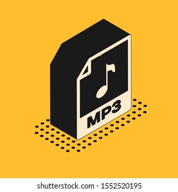 Isometric MP3 file document. Download mp3 button icon isolated on yellow background. Mp3 music format sign. MP3 file symbol.  Vector Illustration