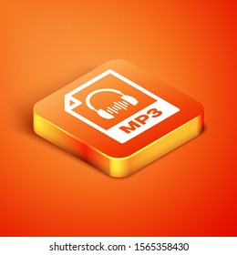 Isometric MP3 file document. Download mp3 button icon isolated on orange background. Mp3 music format sign. MP3 file symbol.  Vector Illustration