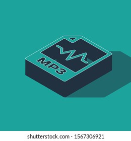 Isometric MP3 file document. Download mp3 button icon isolated on green background. Mp3 music format sign. MP3 file symbol.  Vector Illustration
