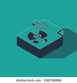 Isometric MP3 file document. Download mp3 button icon isolated on green background. Mp3 music format sign. MP3 file symbol.  Vector Illustration