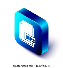 Isometric MP3 file document. Download mp3 button icon isolated on white background. Mp3 music format sign. MP3 file symbol. Blue square button. Vector Illustration