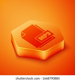 Isometric MP3 file document. Download mp3 button icon isolated on orange background. Mp3 music format sign. MP3 file symbol. Orange hexagon button. Vector Illustration