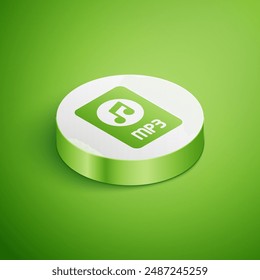 Documento de archivo MP3 isométrico. Descarga mp3 icono de Botón aislado sobre fondo verde. Signo de formato de música Mp3. Símbolo de archivo MP3. Botón de círculo blanco. Vector