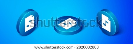 Isometric MP3 file document. Download mp3 button icon isolated on blue background. Mp3 music format sign. MP3 file symbol. Blue circle button. Vector