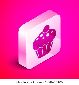 Isometric Muffin icon isolated on pink background. Silver square button. Vector Illustration