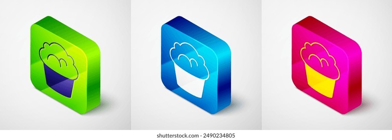 Isometric Muffin icon isolated on grey background. Square button. Vector