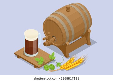 Isometric mug of beer, wheat ears, green hops and beer barrel. Oktoberfest beer barrel, Brewery beer production.