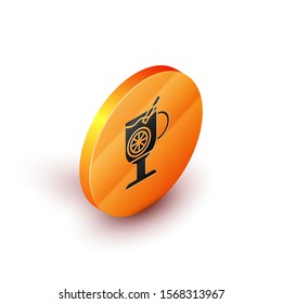 Isometric Mulled wine with glass of drink and ingredients icon isolated on white background. Cinnamon stick, clove, lemon slice. Orange circle button. Vector Illustration