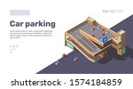 Isometric multi level car parking with elevator. Multistory parking lot building with automobiles on roof. Vector flat infographic illustration of urban transport area with sample text