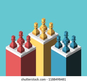 Isometric multicolor chess pawns on isolated islands on turquoise blue background. Market segmentation, network and community concept. Flat design. Vector illustration, no transparency, no gradients