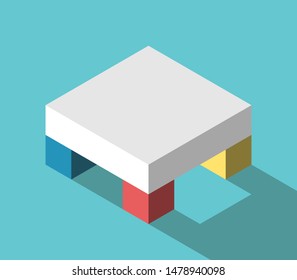 Isometric multicolor cubes holding common cause on turquoise blue. Community, support, teamwork, education and variety concept. Flat design. EPS 8 vector illustration, no transparency, no gradients