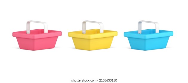 Isometric multicolored collection supermarket basket with handle comfortable carrying 3d icon vector illustration. Bright plastic cart for hypermarket shopping grocery goods putting buying isolated