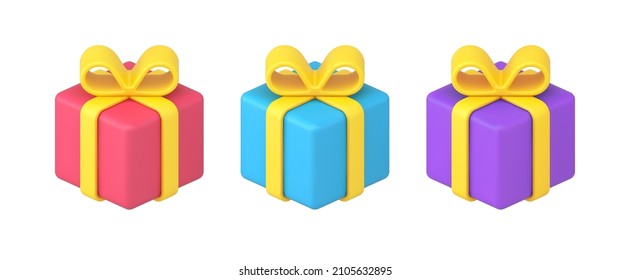 Isometric multicolored gift boxes tied by yellow bow ribbon for seasonal holiday congrats 3d icon vector illustration. Bright cardboard present festive containers Christmas, Valentines congratulations