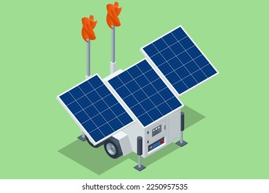 Isometrischer multifunktionaler Stromgenerator. Solarpaneele, Windplatten und ein Dieselgenerator alles in allem.