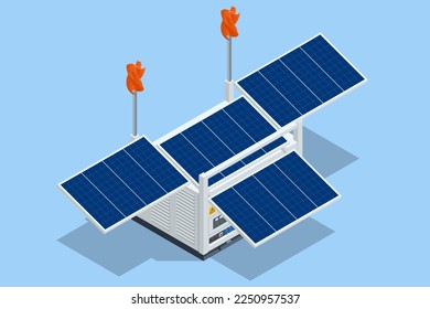 Isometrischer multifunktionaler Stromgenerator. Solarpaneele, Windplatten und ein Dieselgenerator alles in allem.