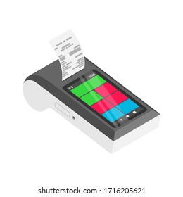 Isometrisches Multifunktions-Smart-Zahlterminal mit Bareinweis-Quittung. 3d Wireless Online Bargeldtafel mit Scheck einzeln. Zahlungsmittel für Vektorillustrationen. Online-Shopping-Konzept