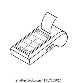 Isometric Multifunctional smart payment terminal with cash register print receipt. 3d Wireless online cash desk tablet with check isolated. Vector payments machine. Online shopping line icon