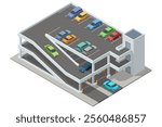 Isometric multi-level parking garage filled with various colored cars. The detailed building has ramps, parking spots, and surrounding greenery